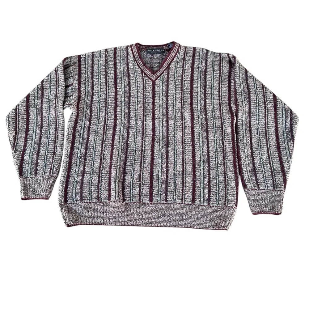 Vintage Brandini Knit Grandpa Sweater Striped V-Neck Long Sleeve Med Italy GUC